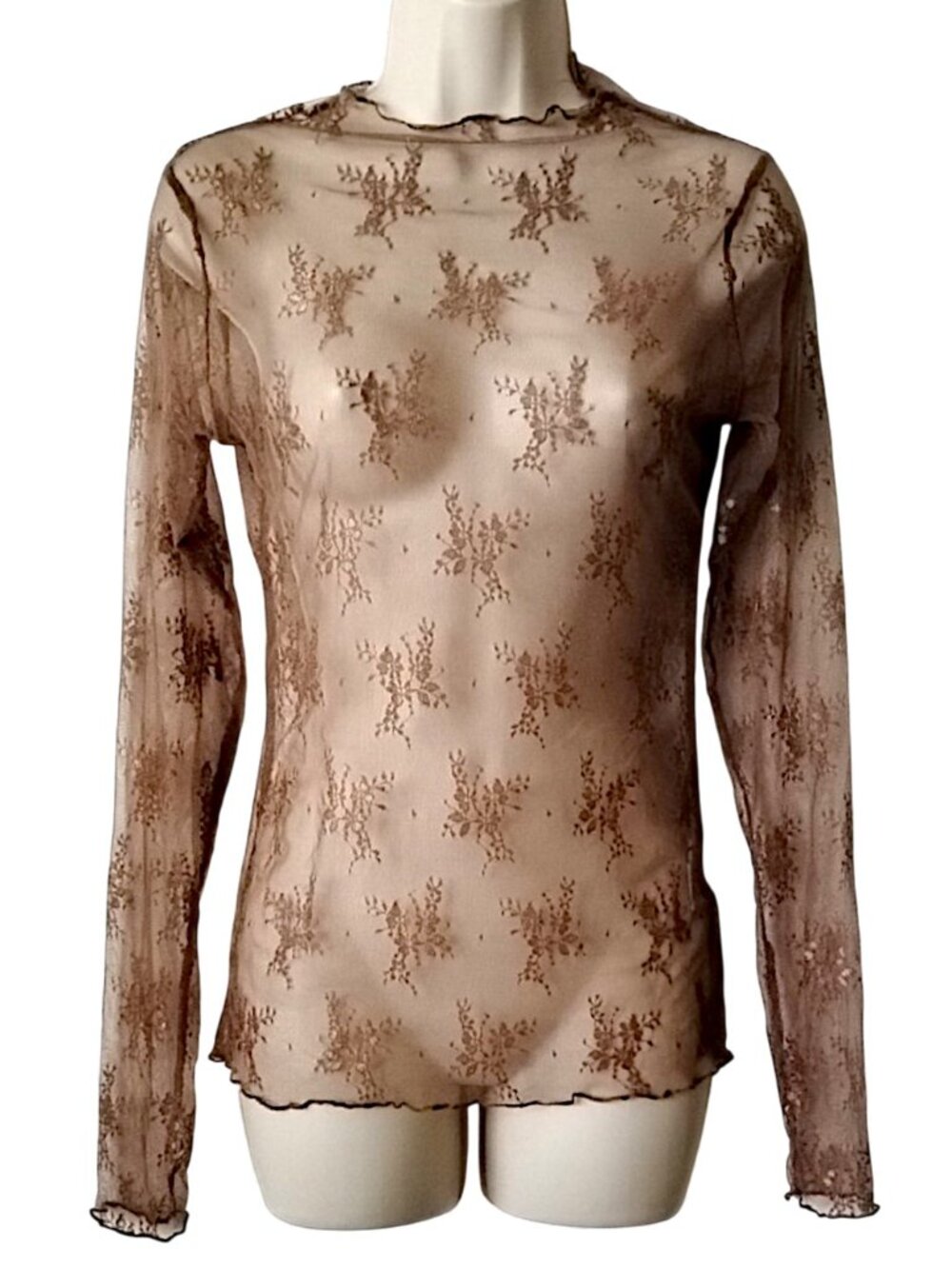 NWOT Amazon Ugerlov Floral Stretch Lace Long Sleeve Blouse S Cocoa Brown